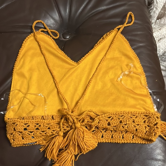 Lined Crochet Cropped Top with Open Tie Back With Tassels - Picture 2 of 3